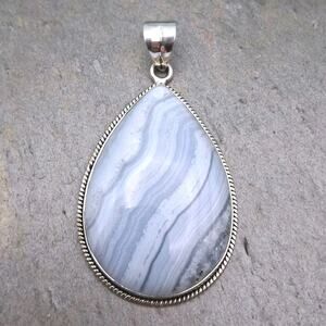 Big Blue Lace Agate Pendant Sterling Silver Native American Southwestern Style